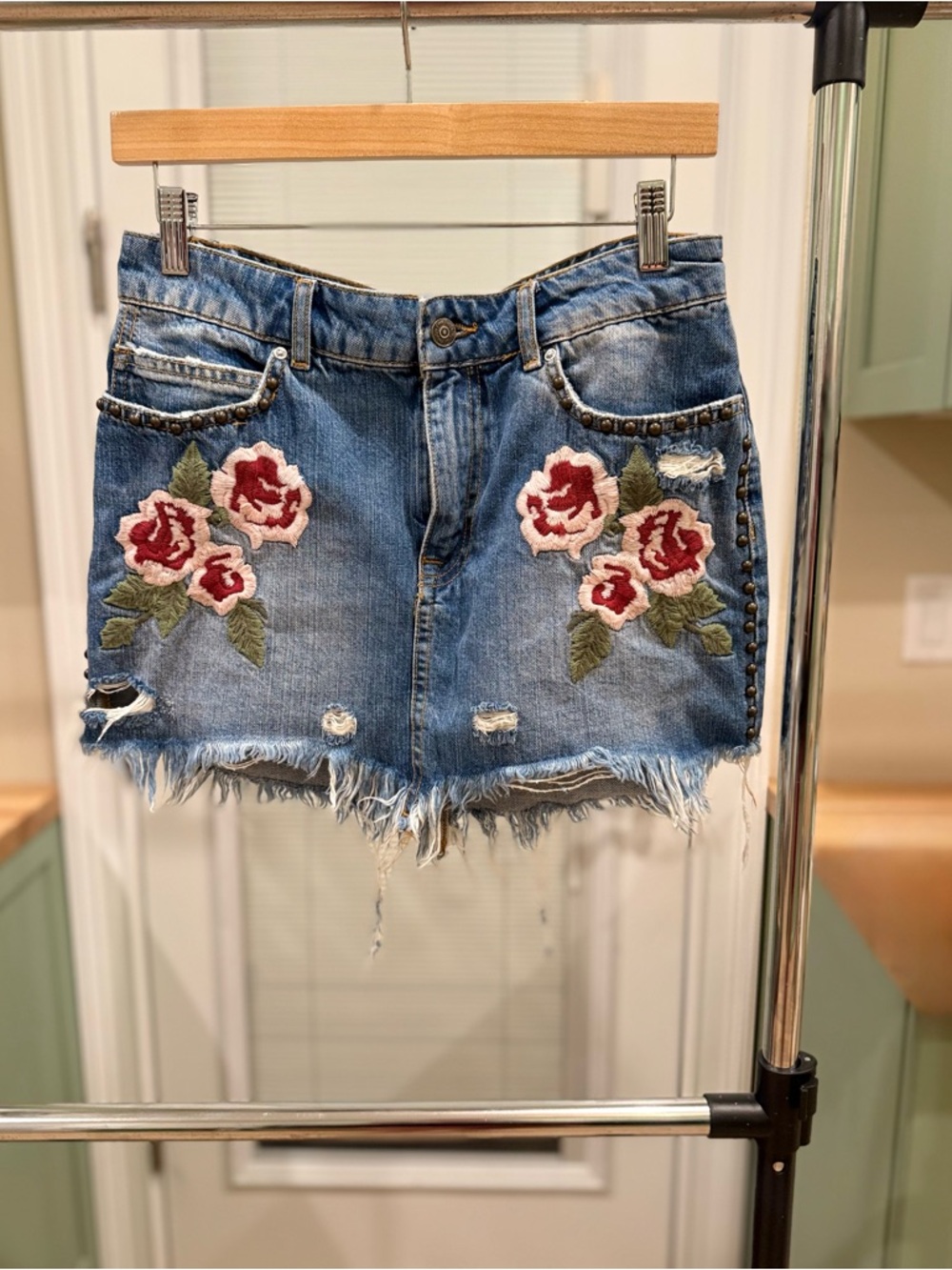 Free People Blue Denim Mini Skirt with Red Rose Embroidery
